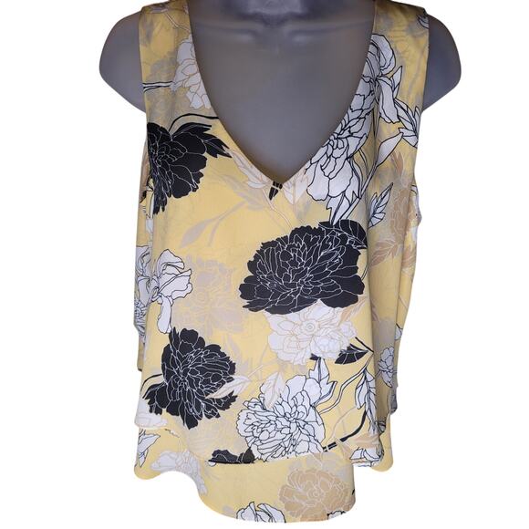 Liz Claiborne Blouse Yellow/Black/White Sleeveless V Neck Sz M - Picture 1 of 5